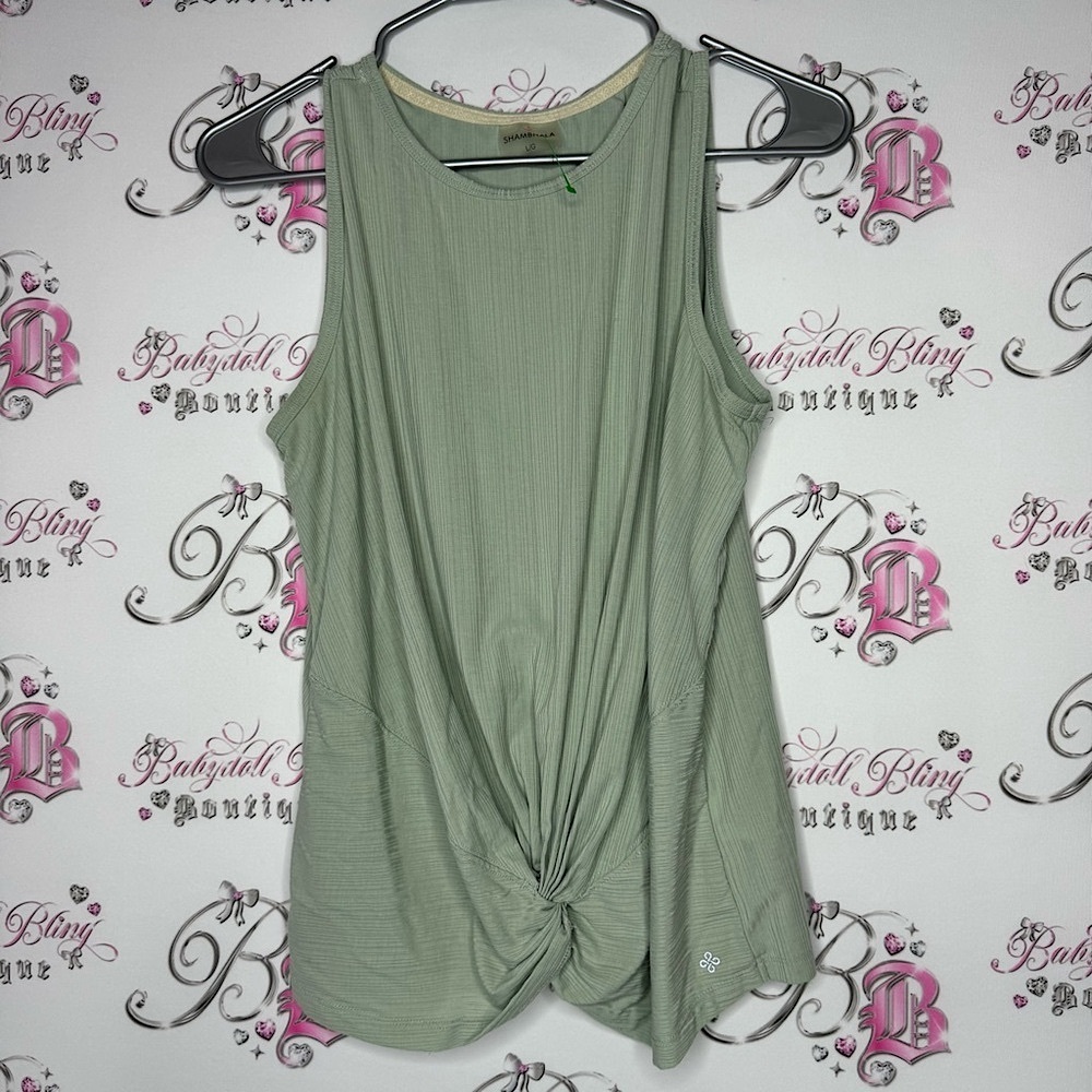 Shambala tank top twist tie front olive 🫒 Green Sleeveless Knot Front Top yoga